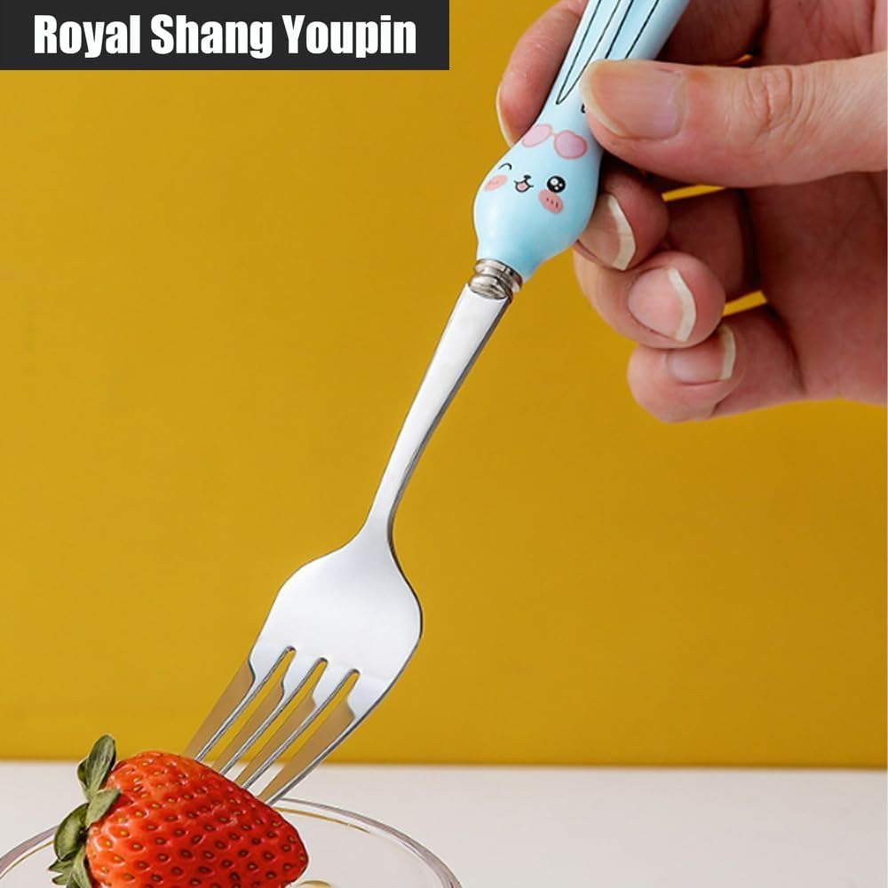 8-Piece Set-Creative Stainless Steel Fork Spoon Fork Cartoon Cute Rabbit Spoon Ceramic Handle Cute Dessert Coffee Spoon (Yellow)
