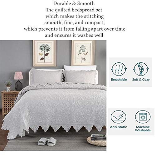 Abreeze Ruffled Bedspread Queen Cotton Quilt Sets Grey Vintage Comforter Set Luxury Quilt Coverlet 3 Pieces Farmhouse Bedding, Queen #TOP1