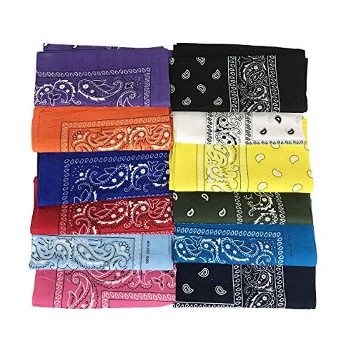 allgala 12 Pack 100% Cotton Premium Fashion Bandanas Head Band Wrap Scarf with Paisley Prints for Men and Women-Asst-Color-HA559002