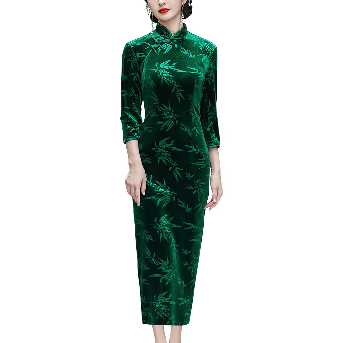 StarDYWomen's Velvet Long Cheongsam Dress Bamboo Leaf Patterned Mandarin Collar Maxi Dress Traditional Chinese Qipao (Dark Green, L)