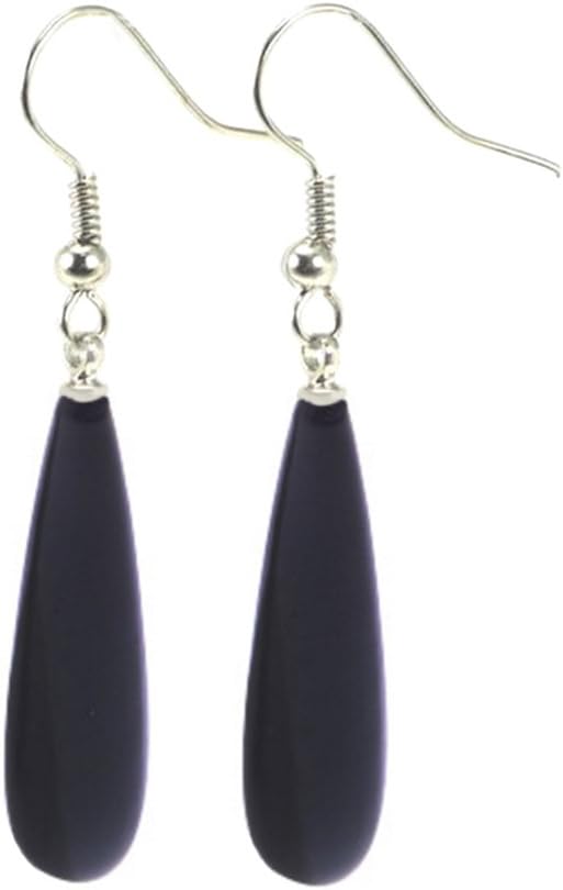 Rakumi Seashell Teardrop Earrings 8x30mm Black Seashell Pearl Long Dangle Earrings Sterling Silver Hoop