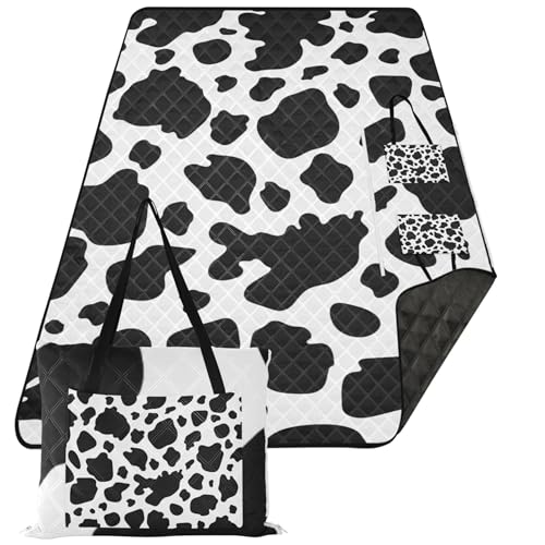 TSENQUE Custom Black Cow Print Animal Pink Picnic Blanket Foldable Beach Mat Sand Free Waterproof Grass Blankets for Outdoors 60'' x 80''