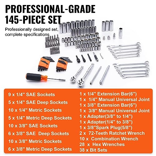 Image of VEVOR Mechanics Tool Set and Socket Set, 1 /4 inch and 3 /8 inch Drive Deep and Standard Sockets, 145 Pcs SAE and Metric Mechanic Tool Kit with Bits, Combination Wrench, Hex Wrenches, Accessories, Storage Case