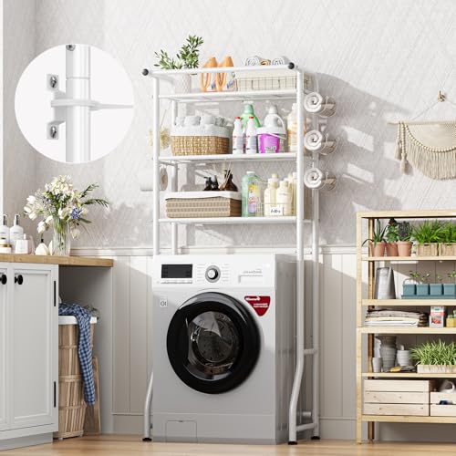 Image of Simple Trending 3 Tier Over The Toilet Storage Rack, Metal Bathroom Shelf, Bathroom Stand Organizer Space Saver with Paper Holder and Hooks, White