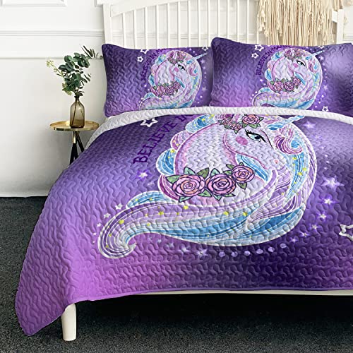 BlessLiving 3-Piece Unicorn Full Size Quilt Set with 2 Pillow Shams, Lightweight Bedspread/Coverlet/Bed Cover for Kids Teens and Women - (Purple Cartoon Unicorn, size80 x90)