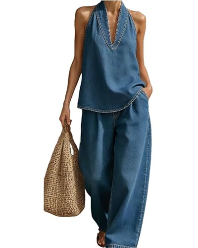 Famnbro Womens Denim Set 2 Piece Outfits Sleeveless Halter Neck Tank Top Wide Leg Jeans Casual Chic Airport Outfits