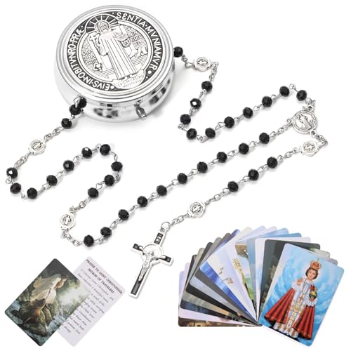 SZQCZB Rosary Beads Catholic for Men and Boy, Black Cystal Rosary Beads, St.Benedict Center Piece and Crucifix with Miraculous Gift Box and 18pcs Prayer Cards