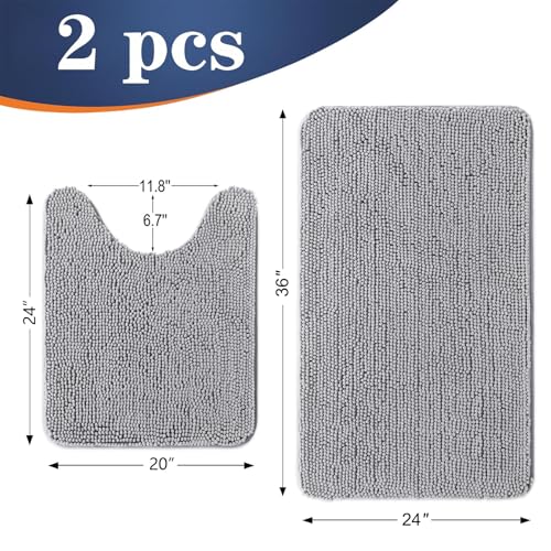 Image of OLANLY Bathroom Rugs Sets 2 Piece, Soft Absorbent Chenille Bath Mats and U-Shaped Contour Toilet Mat Area Rug Set, Machine Washable Bath Carpet, Home Decor Accessories(36 inchx24 inch+24 inchx20 inch, Light Grey)