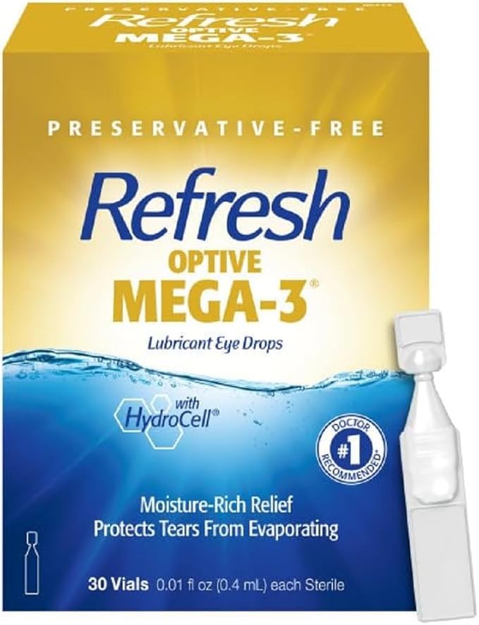 Refresh Optive Mega-3 Lubricant Eye Drops, Preservative-Free, 30-0.01 Fl Oz Single-Use Containers + Relieva Lubricant Eye Drops, 0.33 Fl Oz, Packaging May Vary