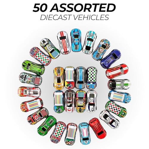 Image of RAMNATH 50 Piece Metal Alloy Die-cast Cars Pack Toy Play Set in Storage Carrying Box | 1:64 Scale Mini Pull Back Vehicles for Boys & Girls | Educational Toy Cars Gift Set | Perfect for Party Favors.