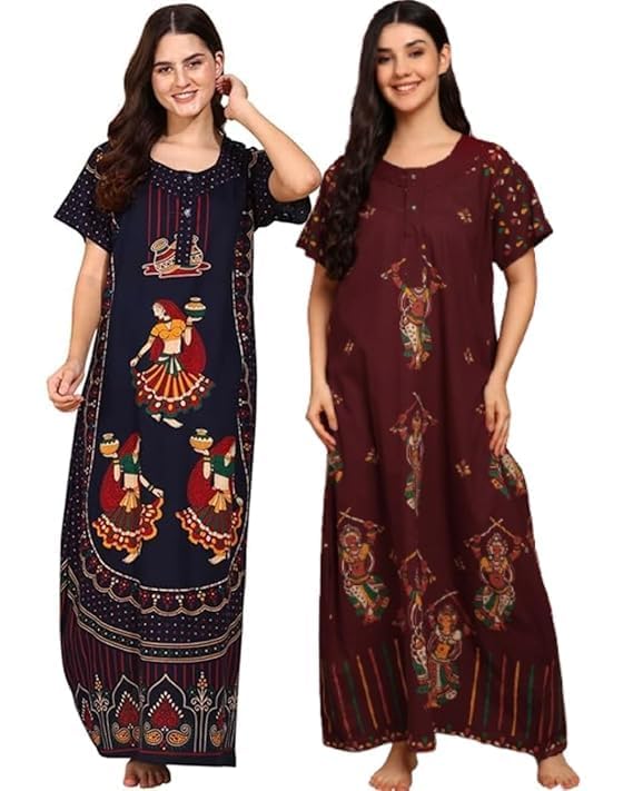 Image of PITINAN Pure Cotton Embroidered Nighty for Women | Maxi Night Gown | Jaipuri Cotton Nightdress with Pocket & Adjustable Knot | Comfortable Sleepwear