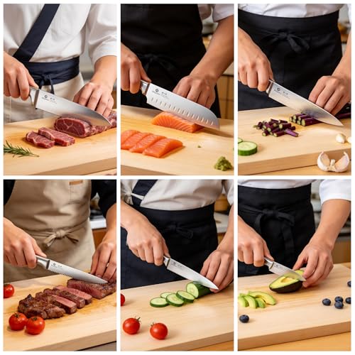 Image of imarku 15-Piece Knife Block Set Built-in Sharpener, Japanese High Carbon Stainless Steel Kitchen Knife Set, Dishwasher Safe, Chef Knife Set with Wooden Knife Block, Santoku Knives for Kitchen Cooking