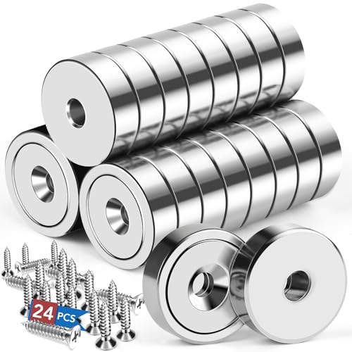 Image of LOVIMAG Strong Neodymium Rare Earth Magnets, 20LBS-24 Pack | Heavy Duty Cup Magnet with Countersunk and Screws for Tool Room, Kitchen Doors, Wall Mounting, Office