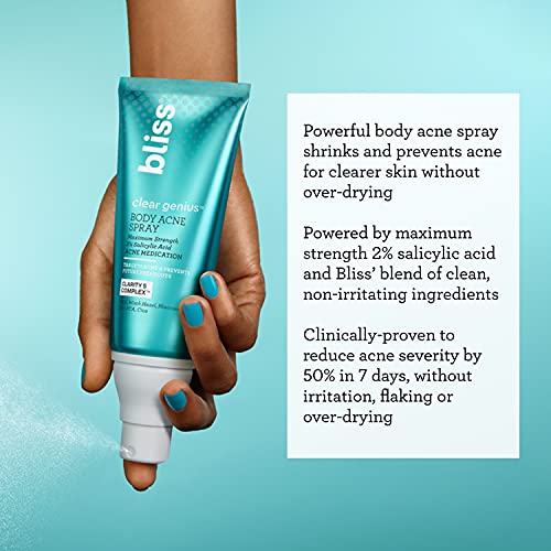 Bliss Clear Genius Body Acne Spray - 3.5 Fl Oz - Maximum Strength 2% Salicylic Acid & Niacinamide - Targets Body Acne & Prevents Future Breakouts - Post Workout - Clean - Vegan & Cruelty-Free #TOP5
