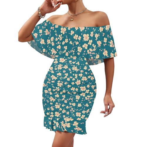 Image of PinkPatty Summer Mini Dress for Women Off Shoulder Ruffled Bodycon Dresses Short Beach Sundress