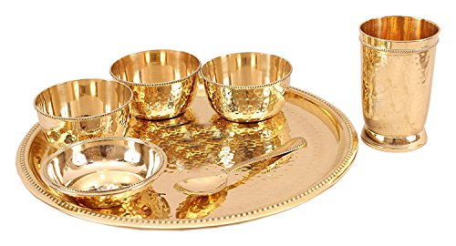 Traditional Brass Dinnerware Tableware Dinning Thali Set With Dinner Embossed Mount Bell Candlestick Tappers Candle Holder Use For Tabletop Home Anniversary Birthday Gift Christmas Diwali Etc. #TOP3