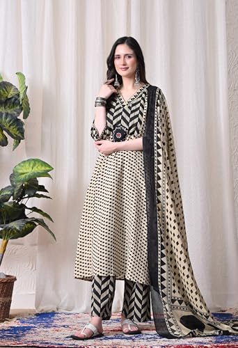 Image of MEERA FAB Women's Cotton Straight Kurta Set, Floral Print with Yoke, with Dupatta and Pants