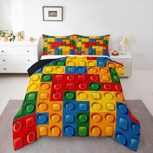 Image of Feelyou Toddler Building Blocks Comforter Set King Size Kids Toy Brick Comforter for Boys Teens Games Bedding Set Breathable Colorful Duvet Set Room Decor Quilt Set