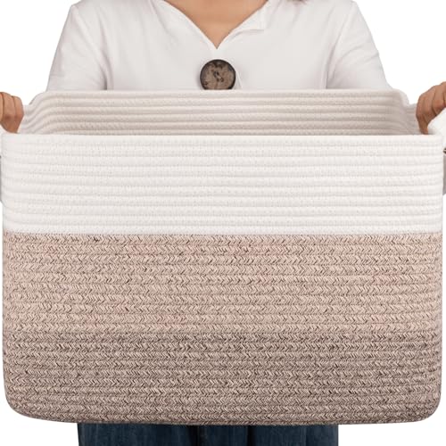 Image of OIAHOMY Cotton Rope Basket, Rectangle Woven Baskets for Storage, Nursery Blanket Storage Living Room, Toy Basket With Handle-17.7 inchx13.8 inchx11 inch-Gradient Yellow