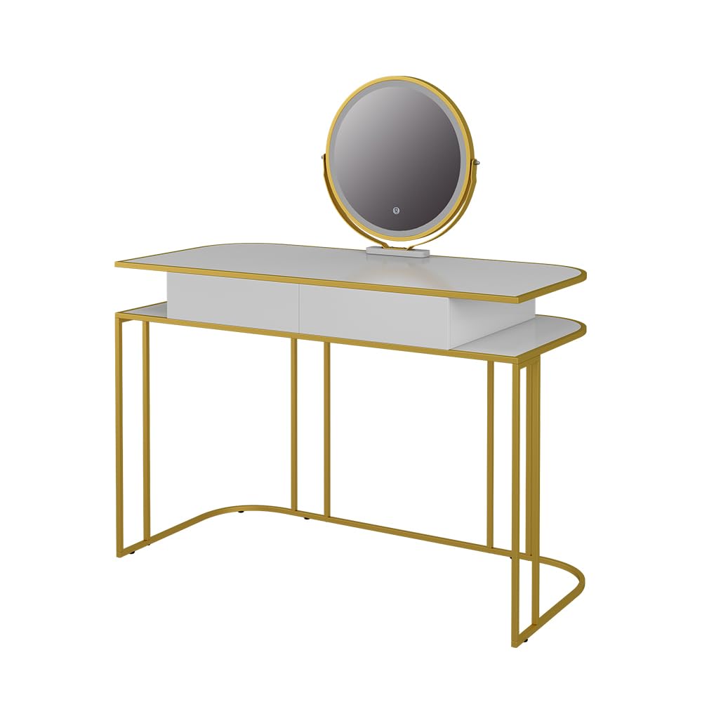 Vicco Tavolo da toilette Tiara, Bianco/Oro, 110 cm, con illuminazione LED e specchio regolabile in altezza