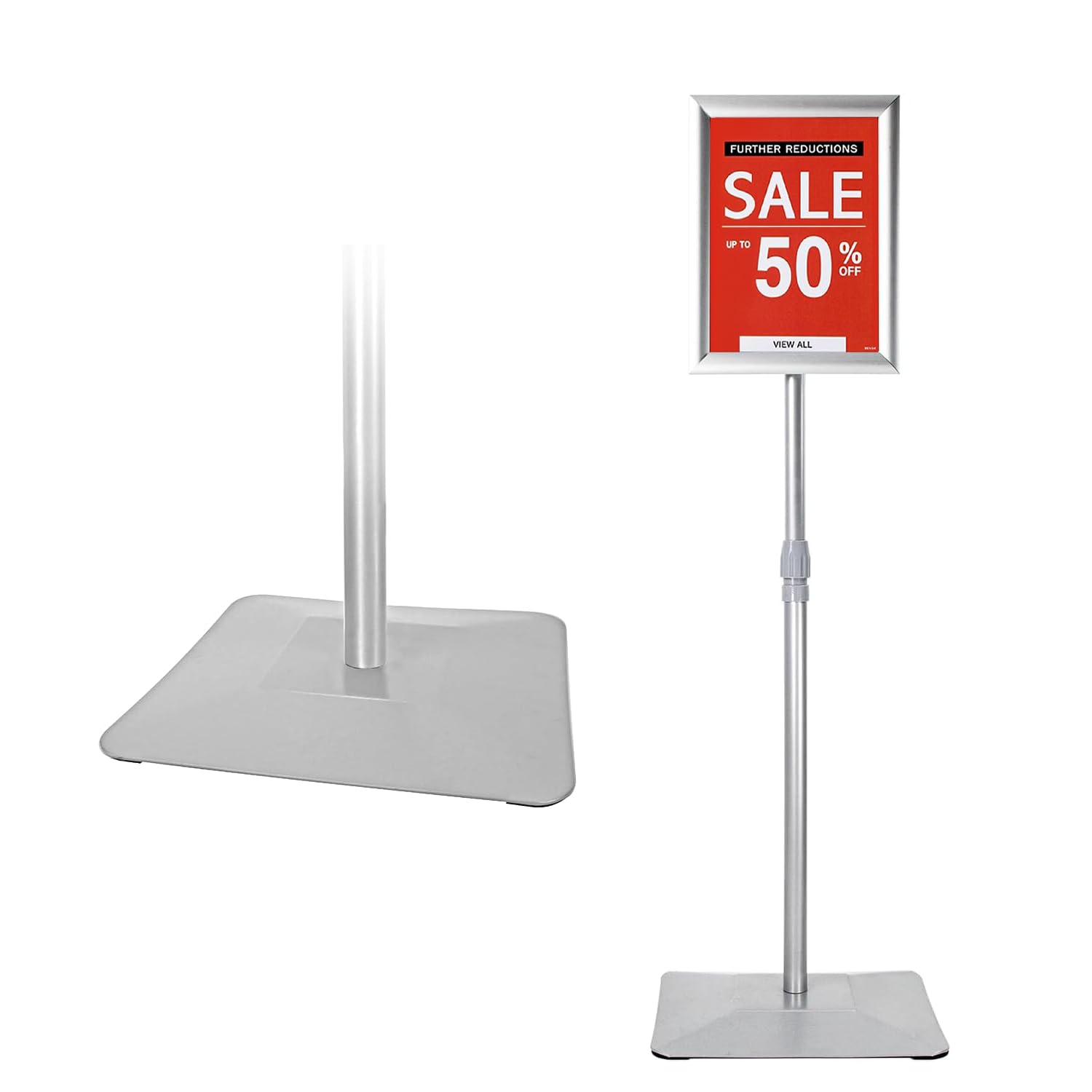 Soporte ajustable para carteles, con base de hierro mejorada, soporte de señalización de suelo de pedestal para publicidad en exteriores o interiores (8.5 x 11 pulgadas, plateado)