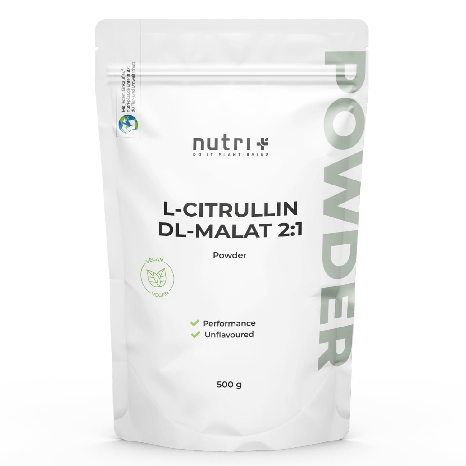 Nutri + L-Citrullina Malato in Polvere 500g - altamente dosata + vegan + pura - Booster per Bodybuilding e Fitness - L-Citrulline Malate DL 2:1 in Polvere - Qualità premium da Fermentazione vegetale