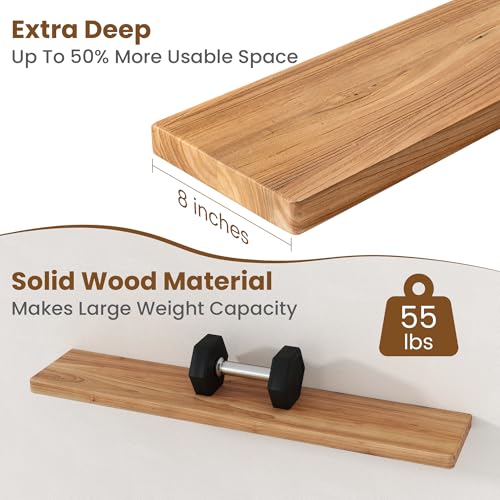 Image of Floating Shelves for Wall, 40 inchWx8 inchD Rustic Solid Elm Wood Floating Shelves Wall Mounted, Round Edge Wall Shelves with Invisible Bracket for Living Room Bathroom Bedroom Kitchen, Set of 2, Natural