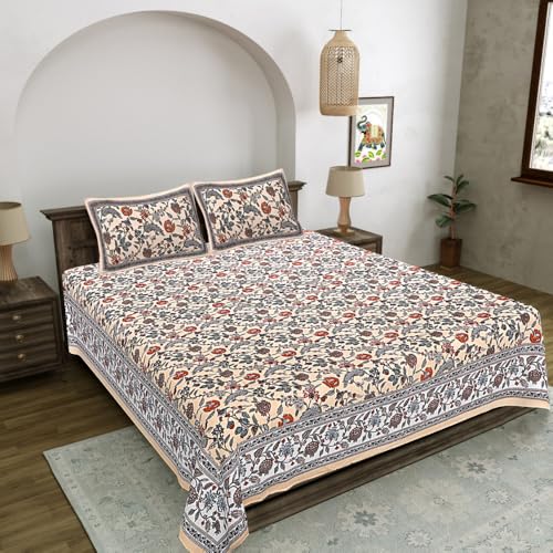 Image of Living Roots Jaipuri Hand Block Print Double Cotton Bedsheet & 2 Pillow Covers, for Mattress Upto 8 inches Thick, No Colour Bleeding, Orange Colour, Super King Size 96 * 104 inches, 150TC (574-A)