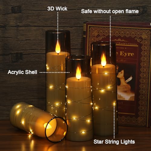 Image of Flameless Candles with Remote Timer, Embedded String Lights Candles Acrylic Flickering, Battery Operated LED Pillar Candles, 4 Pcs Unbreakable Plexiglass, Black, 2.3x5 /6 /7 /8 inches