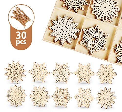 ilauke 30pcs Wooden Snowflakes Ornaments 4 inch Wood Hanging Decorations Rustic Christmas Tree Crafts