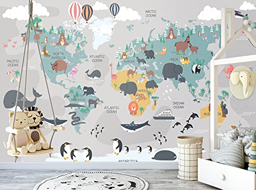 Weltkarte mit Tieren Wandbild Kinder Tapete Cartoon Kontinent Ozean Geographie B 366cm x H 254cm Wanddeko Bild Riesen Papier Poster Kinder Schlafzimmer
