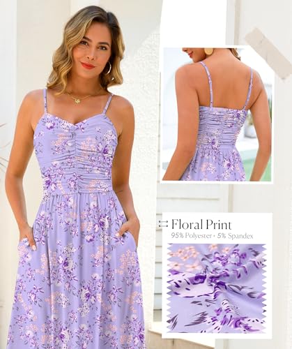 Image of Annebouti Women 2026 Summer Spring Ruched Maxi Dress Adjustable Spaghetti Strap Floral Beach Long Sundress with Pockets