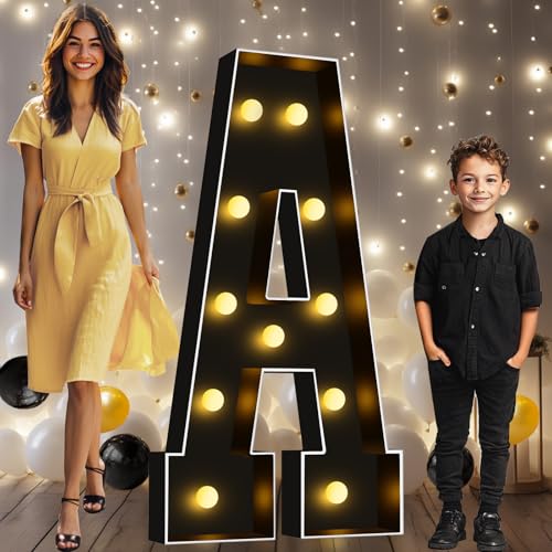 Image of Pooqla 4FT Marquee Light Up Letters, Black Large Letter A Party Decorations | LED Marquee Letters 4 Feet Tall, Black Giant Mosaic Letters Gift for Boys Men Birthday Anniversary Wedding Decoration