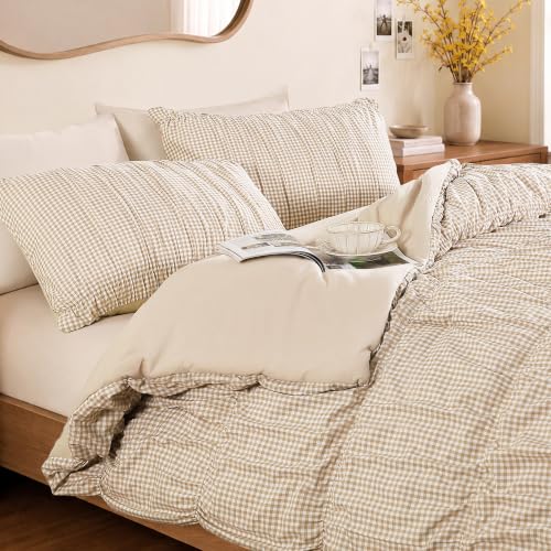 BLOOMHAVEN Tan Gingham Queen Size Comforter Sets - 3 Pieces Ruched Bedding