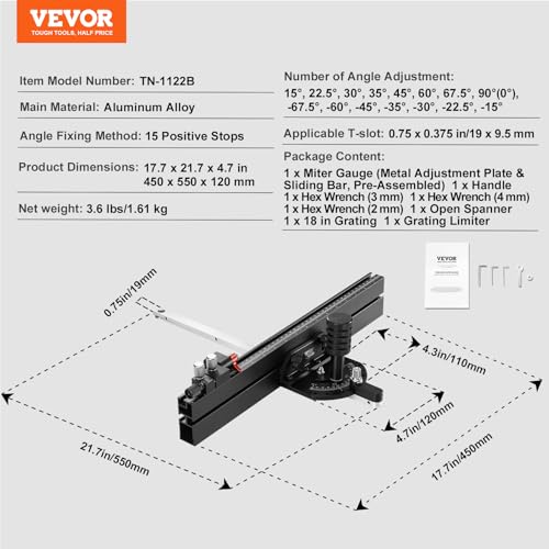 Image of VEVOR Precision Miter Gauge with 18 in Fence, Standard Slot 3 /4'' x 3 /8'' | Aluminum Alloy Table Saw Miter Gauge with 15 Angle Stops Adjustable Spring Loaded Plunger and Removable Disc For Woodworking
