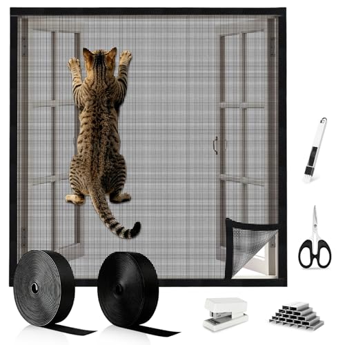 Mosquitera para ventana de gato de 100 x 150 cm, fuerte autoadhesiva, red de malla ajustable para ventana, protección de mascotas y mantiene a los insectos fuera, redes planas gruesas para ventanas