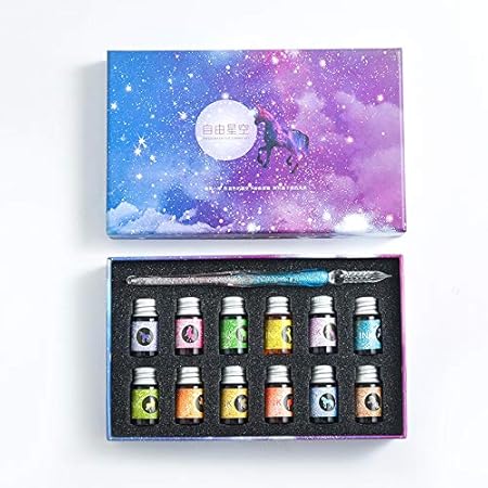 Amazon ガラスペン サインペン ペン インク セット 万年筆 手紙 便箋 イラスト 書道 署名ペン ボックス付け ハンド滑らかな書き心地 星空 レインボーク 贈り物 12種類のインク 文房具 万年筆 文房具 オフィス用品