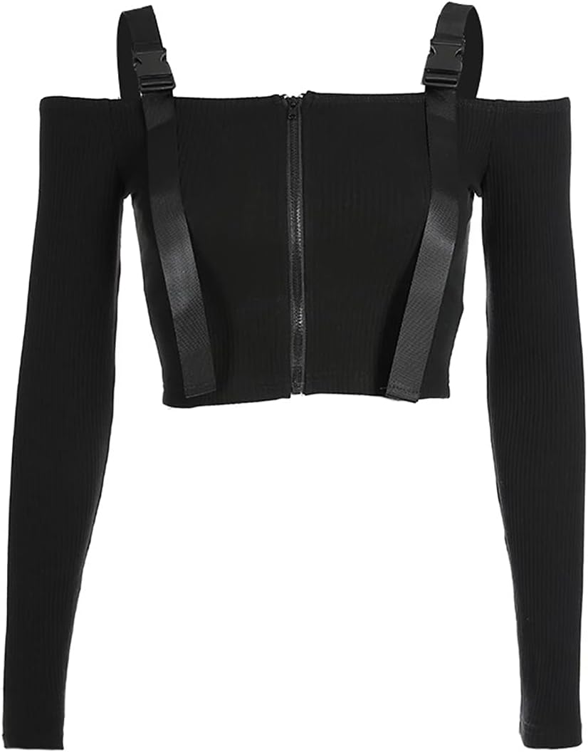 Women Off Shoulder Buckle Crop Top Long Sleeve Ribbed Shirt Tee Blouse Top Vest for Causal Party Clubwear - Image 4
