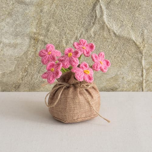 Crochet Dark Pink Myosotis Flowers Bouquet for Women Office Desk Decor
