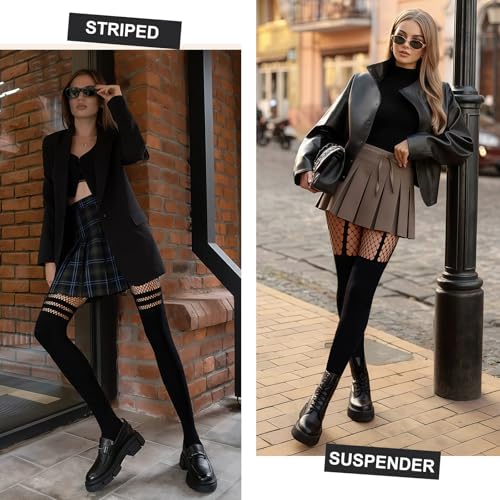 2 Pairs Faux Thigh High Tights Mock Suspender Pantyhose for Women Fishnet Tights Over the Knee Goth Stockings3