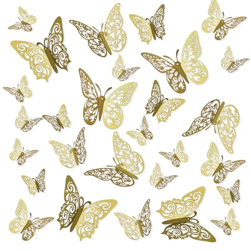 Decorazioni Halloween, Adesivi Murali, Stickers, Adesivo Muro Decorativo, Farfalle Decorative Torta, Decorazione Da Parete, Adesivi 3d, 24 Pezzi, Oro
