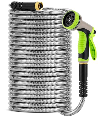UNCO- Metal Garden Hose with 10 Functions Spray Nozzle 100 Feet No Kink