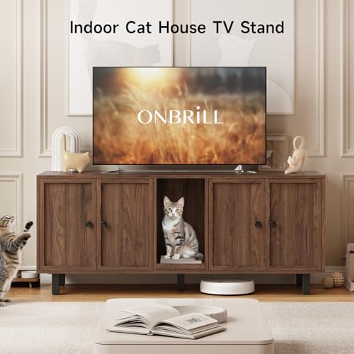 Image of ONBRILL 63 Inches Cat Litter Box Enclosure for 2 Cats, Hidden Litter Boxes Furniture with Cat Scratch Pad, Large Indoor Pet House with Double Room, Wooden TV Stand Side Table, Walnut