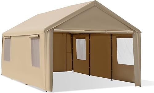Gardesol Cochera resistente de 10 x 20 pies con ventanas ventiladas enrollables, garaje portátil reforzado con paredes laterales y puertas