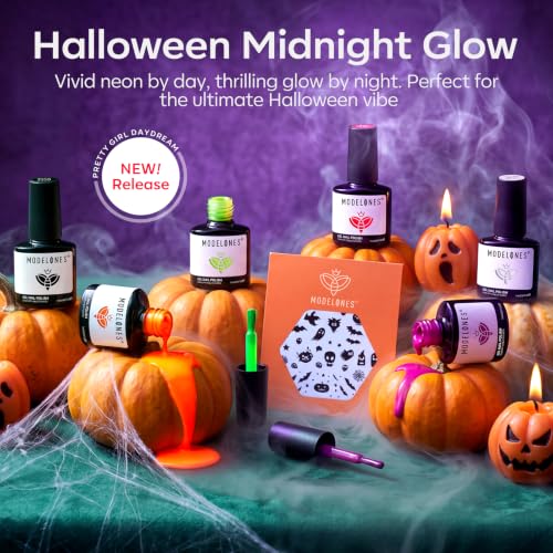 Image of modelones Halloween Gel Nail Polish Set, Glow in the Dark Fluorescent Shade | 6 Colors Neon Pumpkin Orange Green Purple Hot Pink White Black Fall Gel Polish Set, with Nail Stickers, Soak Off UV Nail Art