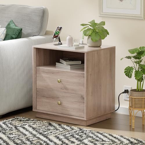 Image of Nightstand with Charging Station Set of 2, Wide Bedside Table with 2 Storage Drawer and Open Wood Shelf, Night Stand for Bedroom, Side Table, End Table, Grey