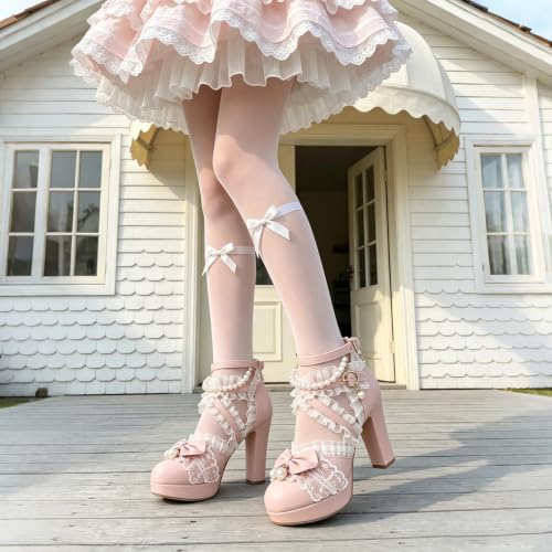 Image of FOREADA Lolita Shoes Platform Mary Jane Heels Kawaii Bow Lace Pearl Pumps | Vintage kawaii lolita styling ideal for dresses, with bead, lace, bow, ankle strap, pink, white and classic black colors