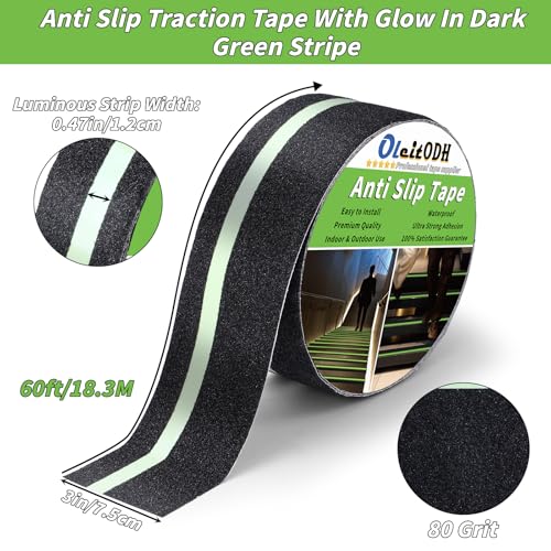 Image of Oleitodh Anti-Slip Traction Tape, 3In x 60Ft, Glow-in-Dark Green Stripe | High traction non-skid surface, waterproof & abrasive. Ideal for stairs, ramps, skateboards. Outdoors & indoors.
