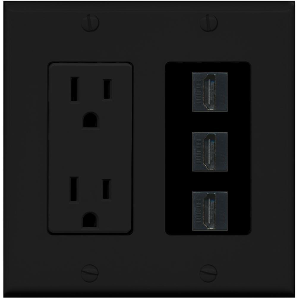 RiteAV - 15 Amp Power Outlet 3 Port HDMI Decorative Wall Plate - Black