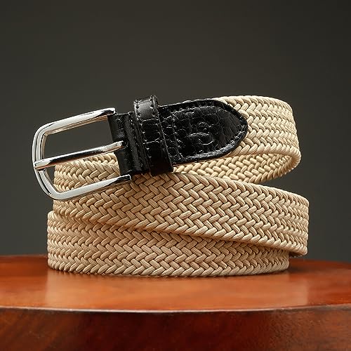 Image of LOUIS STITCH Men's Braided Elastic Stretch Belt with Leather Tipped End Stretchable Canvas Waist Band for Men Women Boys Girls Unisex (Width 3 cm) (BE-EL)